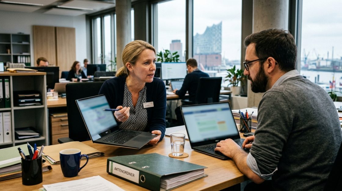 digitale Verwaltung: Team prüft einen digitalen Verwaltungsprozess in einer modernen Behörde
