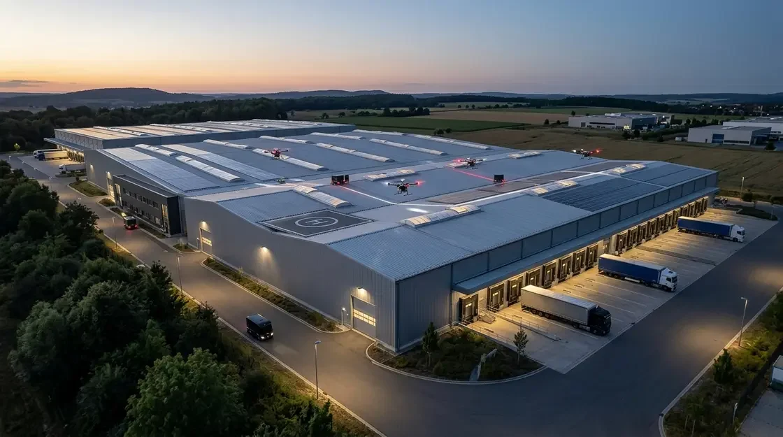 Drohnen-Logistik, D2C-Fulfillment – Drohnen-Logistik über einem deutschen Distributionszentrum bei Dämmerung