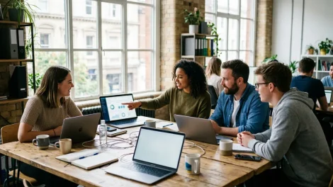 Marketing-Team arbeitet DSGVO-konform mit KI-Tools im modernen Büro