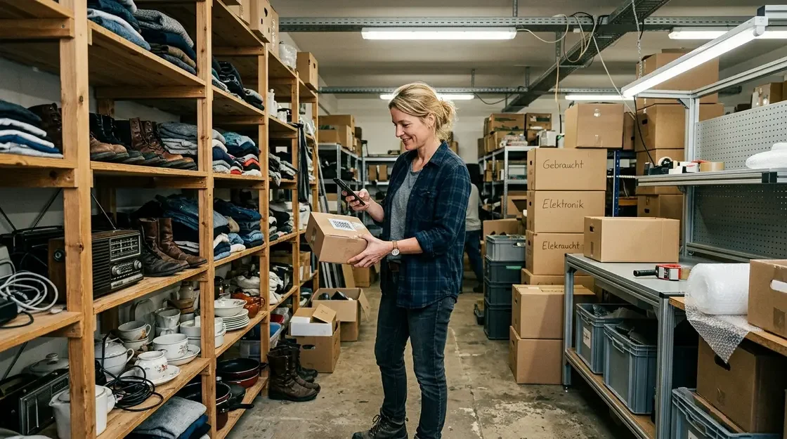 eBay Gebührenmodell, Nachhaltige Marktplätze – Verkäufer im Lager scannt Paket für eBay Nachhaltige Marktplätze