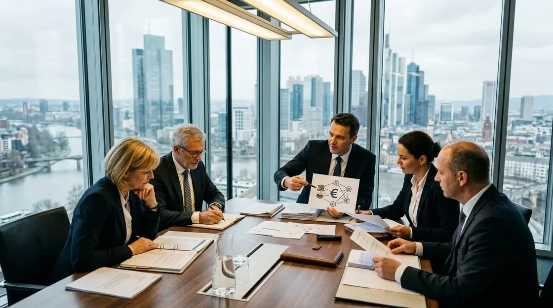 Euro-Stablecoin, Qivalis – Banker-Konsortium bespricht Euro-Stablecoin Qivalis Strategie im Konferenzraum