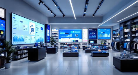 EuroShop 2026 E-Commerce Trends: Moderner Retail Store mit digitalen E-Commerce-Interfaces und Analytics-Dashboards