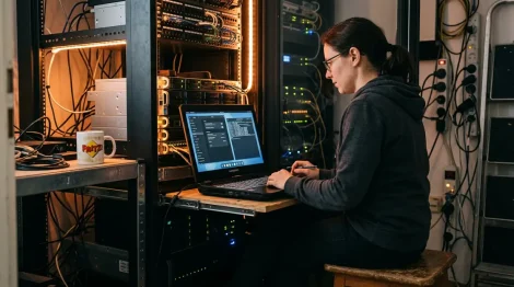 Fedora 42, GNOME – Entwickler vor Serverrack mit Fedora 42 GNOME 48 Desktop und HDR-Einstellungen