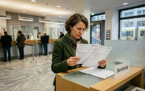 FinTech, Banken Zinsen – Frau vergleicht FinTech- und Bankzinsen an Bankschalter