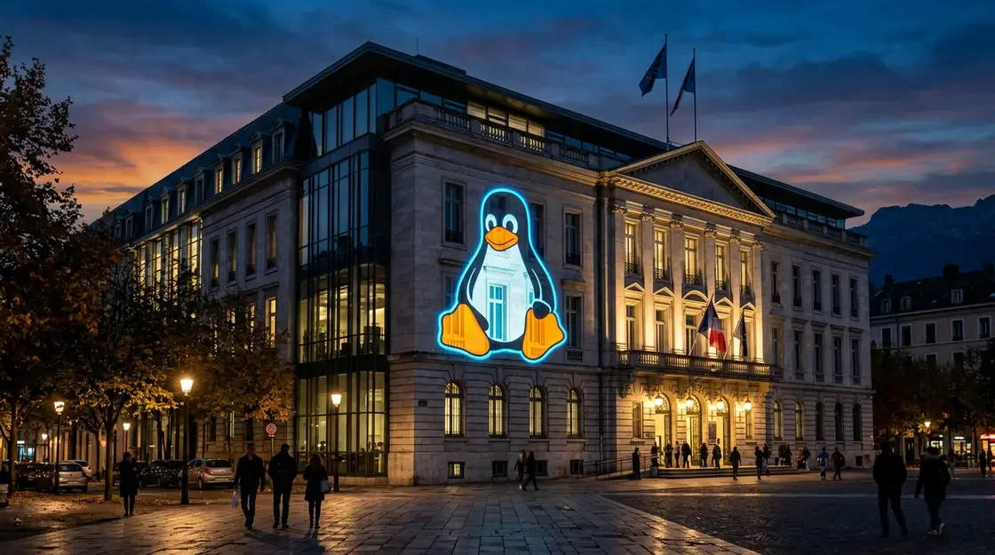 Frankreich ersetzt Windows durch Linux – Behördengebäude mit Linux-Symbol als Zeichen digitaler Souveränität