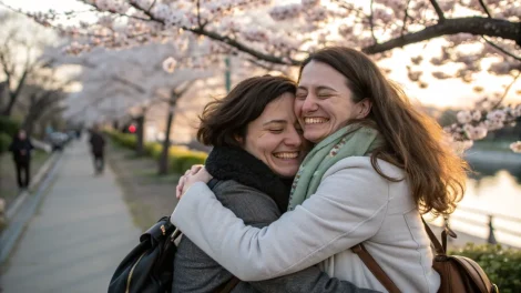 Frauentag Grüße WhatsApp 2026 – Frauen umarmen sich im Frühling