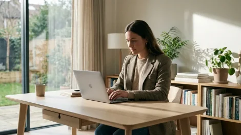 Freelancer arbeitet selbständig im Home-Office mit Laptop