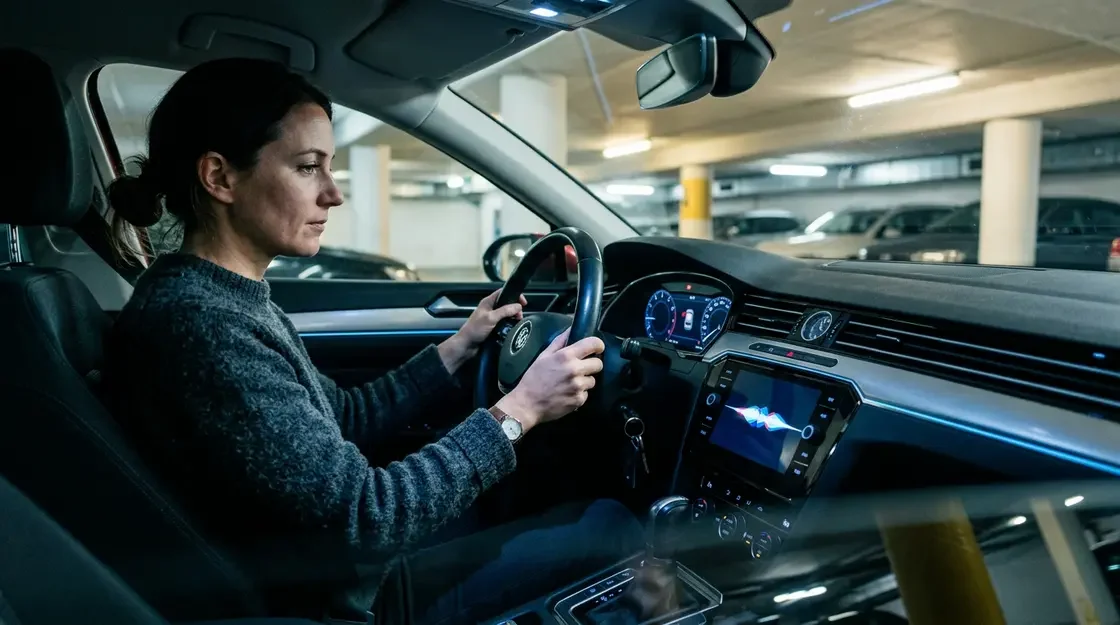 Gemini, Android Auto – Fahrer im Auto blickt auf Android Auto Gemini Sprachassistent auf dem Infotainment-Display