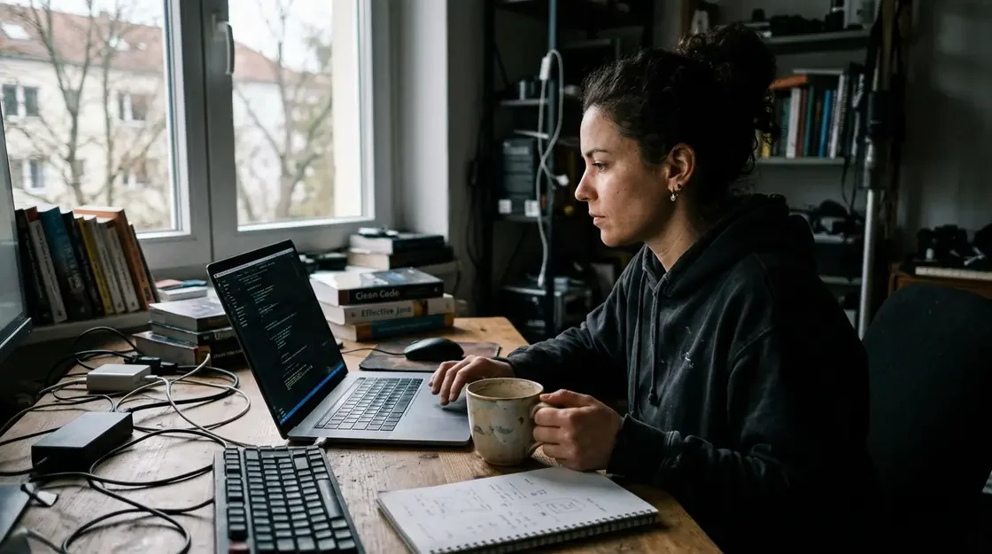 GitHub Copilot, Code-Edits Repository – Entwickler arbeitet mit GitHub Copilot Agent Mode in einem Code-Editor auf dem Laptop