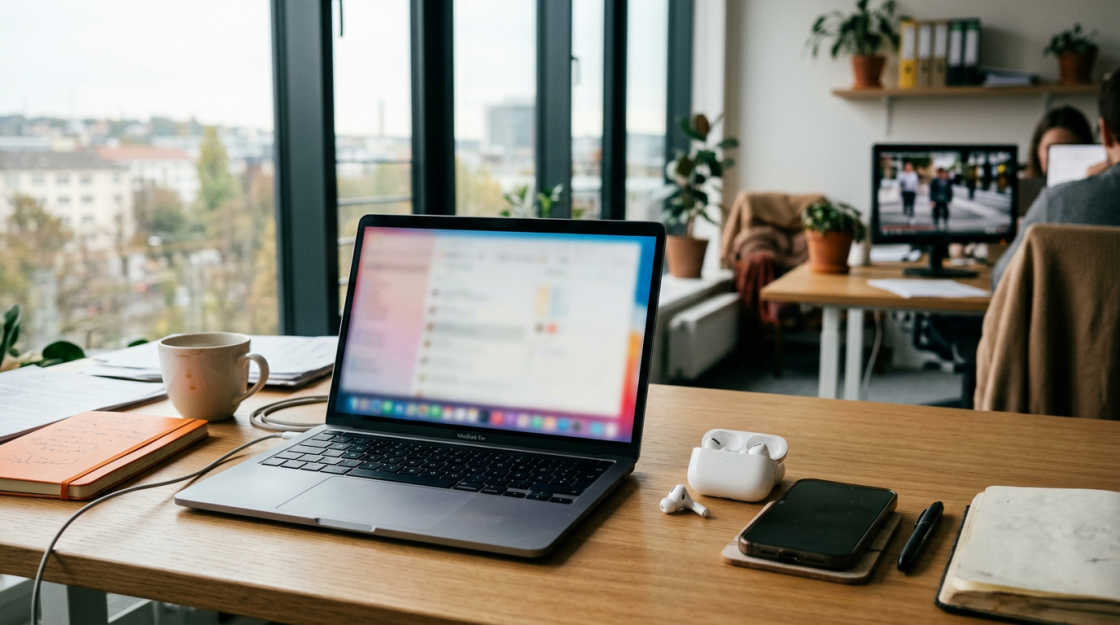 Google AI Abo: Arbeitsplatz mit Laptop, Smartphone und Videonutzung