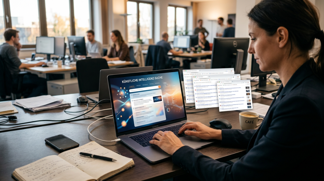 Abstrakte KI-Suche auf einem Newsroom-Schreibtisch