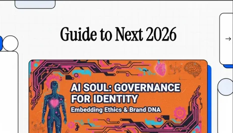 Eine digitale Grafik mit der Überschrift "Guide to Next 2026". Darunter befindet sich eine orangefarbene Tafel mit dem Titel "AI Soul: Governance for Identity Embedding Ethics & Brand DNA" (KI-Seele: Governance für Identität, die Ethik und Marken-DNA einbettet), die eine menschliche Figur in Form eines Schaltkreises, digitale Muster und eine Anspielung auf das Gesicht des KI-Paradox-Unternehmens zeigt.