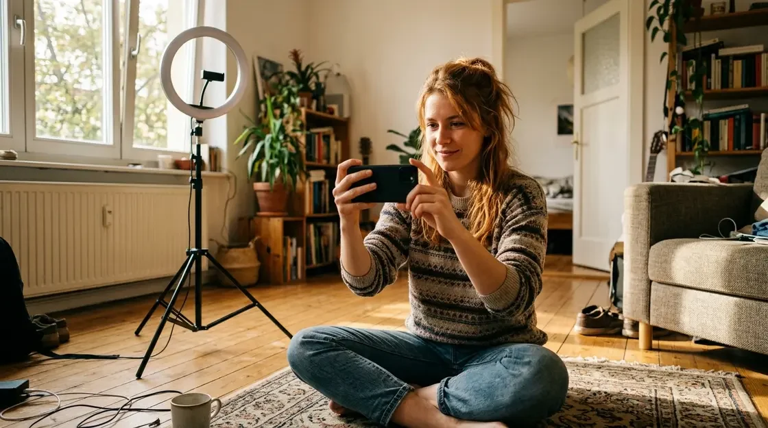 Instagram Reels, Meta Video-Bearbeitung – Junge Frau filmt Instagram Reels mit Smartphone für Meta Video-Bearbeitung