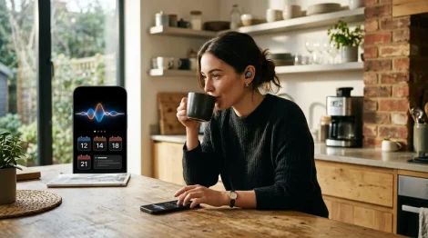 KI-Apps, Audio-AI – Person hört KI-Apps Audio-Briefing mit Tagesplan als Podcast beim morgendlichen Kaffee