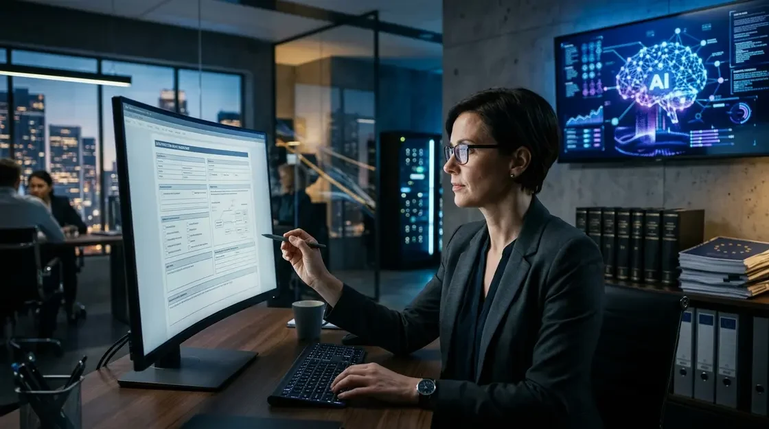 KI Datenschutz, Datenschutz KI – KI Datenschutz DPIA-Vorlage 2026 auf Monitor in Unternehmensumgebung