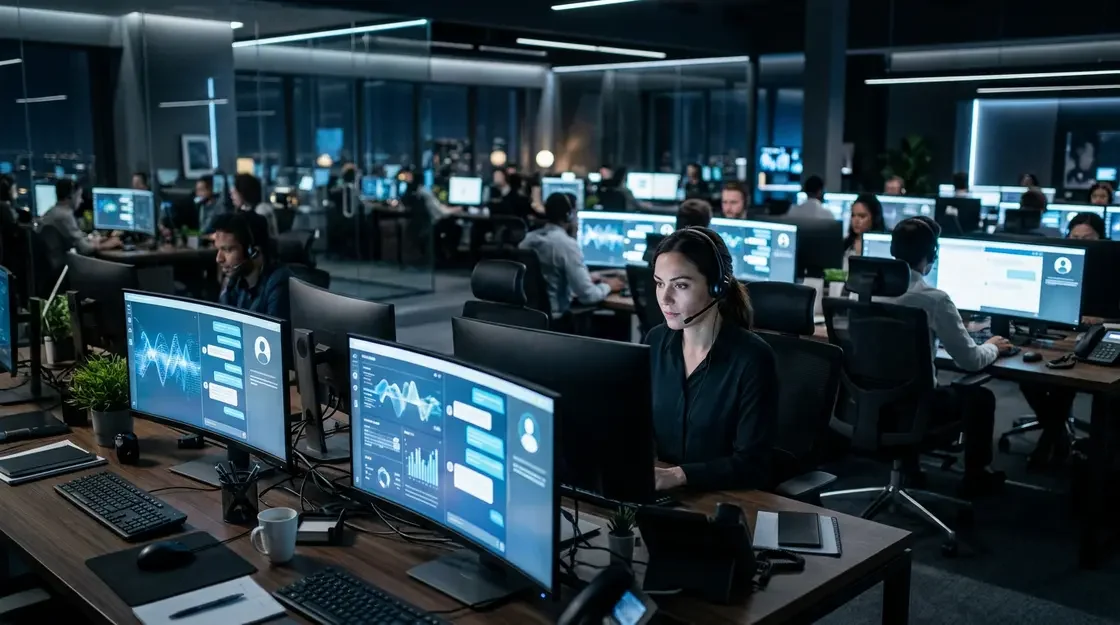 KI Kundensupport im E-Commerce: Chatbot-Interface auf großem Monitor mit menschlichem Agenten im Hintergrund