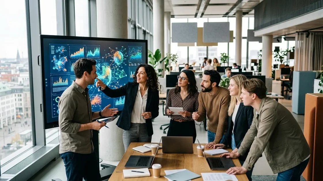 KI-gestützte Marketing-Workflows: Teams arbeiten vernetzt an gemeinsamen Daten