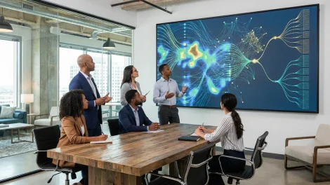 Business-Team analysiert KI-Daten auf Bildschirm im Meetingraum