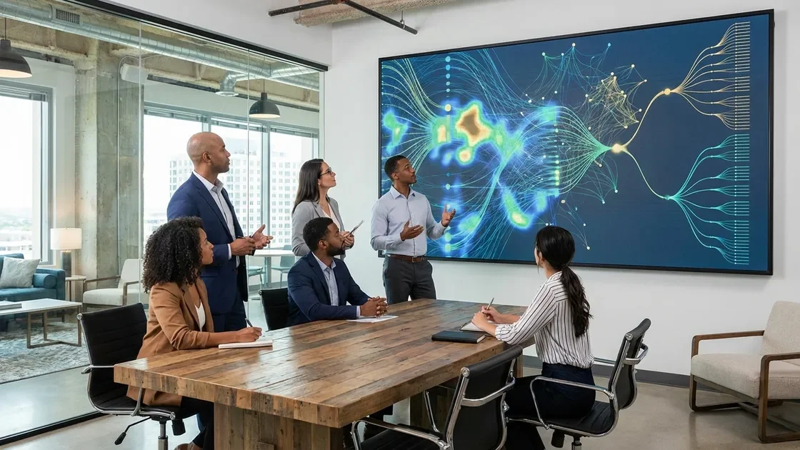 Business-Team analysiert KI-Daten auf Bildschirm im Meetingraum