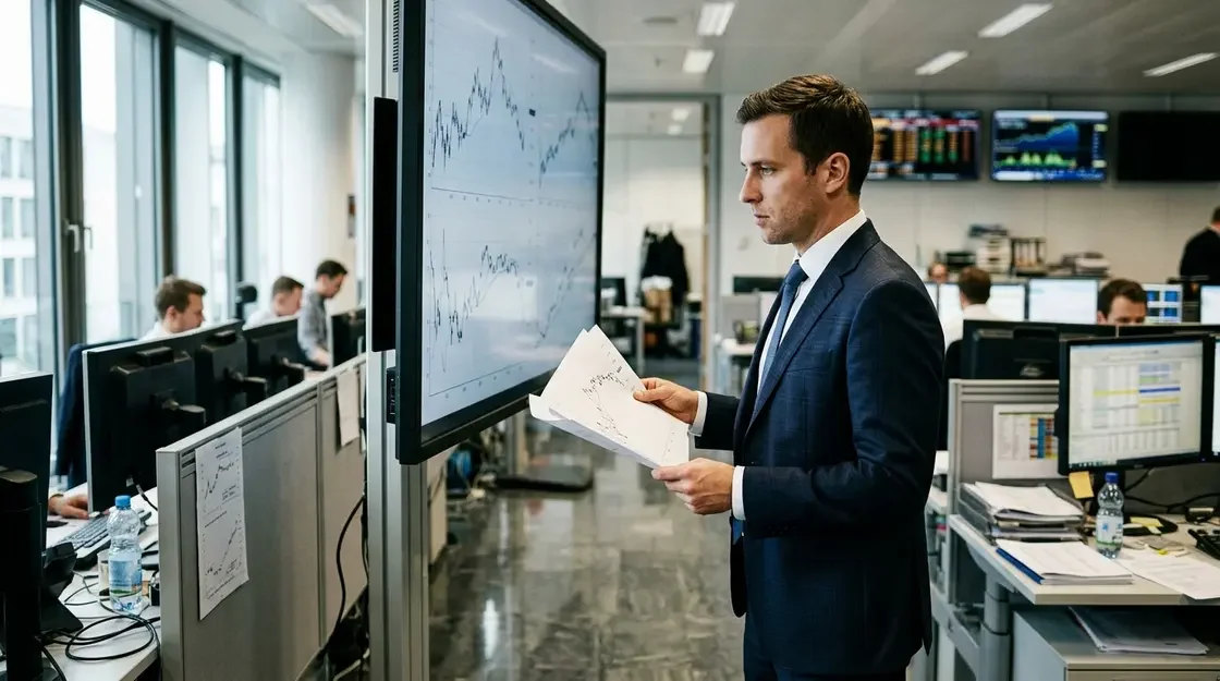 KI-Trading, Zinswende – KI-Trading-Analyst prüft Renditekurven-Daten im Handelsraum einer Bank
