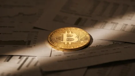 Krypto Steuer Bitcoin – goldene Kryptomünze auf Finanzunterlagen