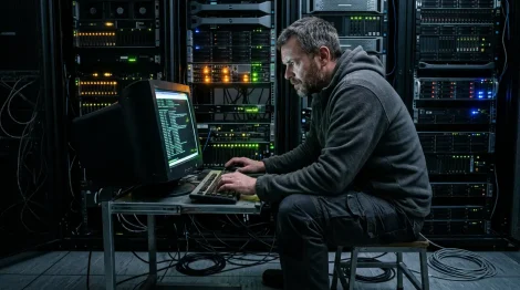 Linux Schwachstelle, Root-Rechte – Administrator im Serverraum prüft Linux-Schwachstelle auf Terminal