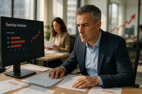 Ein Mann im Geschäftsanzug prüft Dokumente an einem Schreibtisch mit einem Computerbildschirm, der eine Tabelle mit überfälligen Rechnungen anzeigt, die von Mahnwesen Software erstellt wurde. Eine Frau arbeitet im Hintergrund dieser modernen Büroumgebung eines Unternehmens.