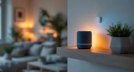 Matter Smart Home Geräte in einem modernen Wohnzimmer mit smarter Beleuchtung