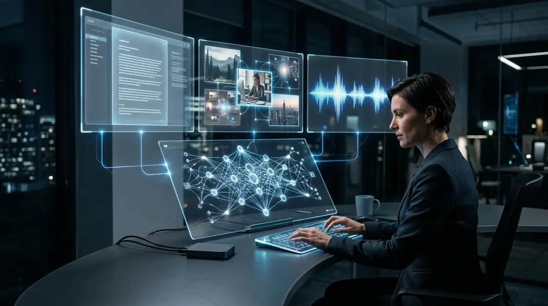 Multimodale KI verarbeitet Text, Bild und Audio gleichzeitig – symbolisiert durch ein digitales Netzwerk