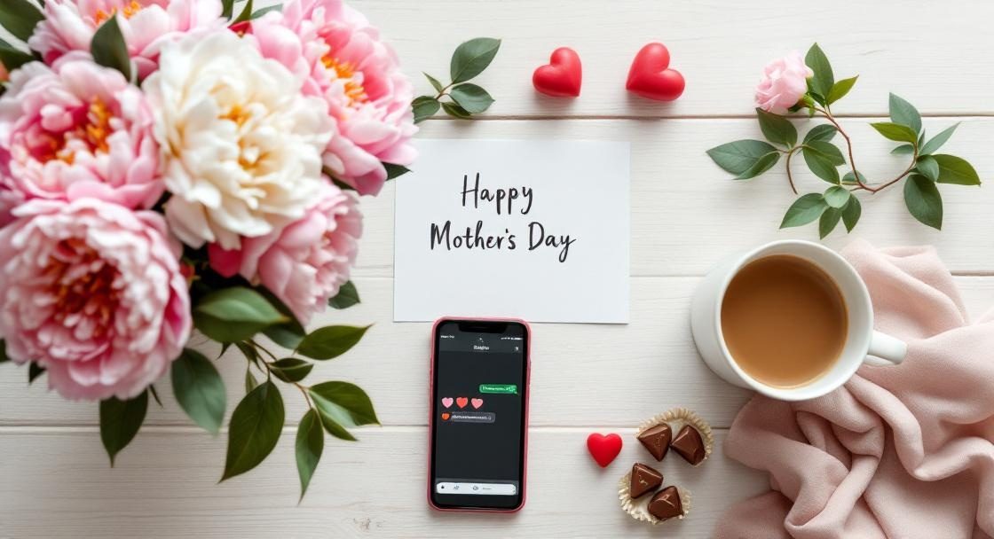 Muttertagssprüche WhatsApp – Blumenstrauß, Kaffee und Smartphone