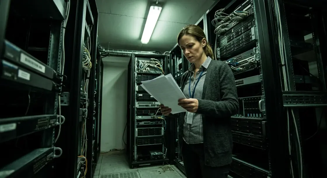 VPN-Leak, NordVPN – IT-Sicherheitsanalystin im Serverraum prüft Bericht zu VPN-Leak bei NordVPN