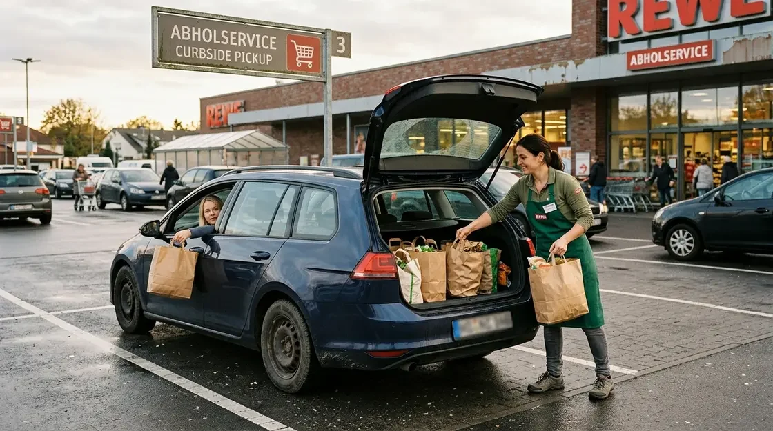 Omnichannel Grocery, Online-Lebensmittelhandel – Omnichannel Grocery: Mitarbeiterin übergibt Click-and-Collect-Einkauf am Curbside-Pickup
