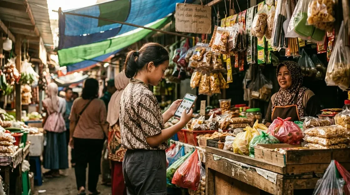 Online-Shopping Verbot, Jugendschutz – Jugendliche mit Smartphone vor indonesischem Marktstand – Online-Shopping Verbot für Jugendliche