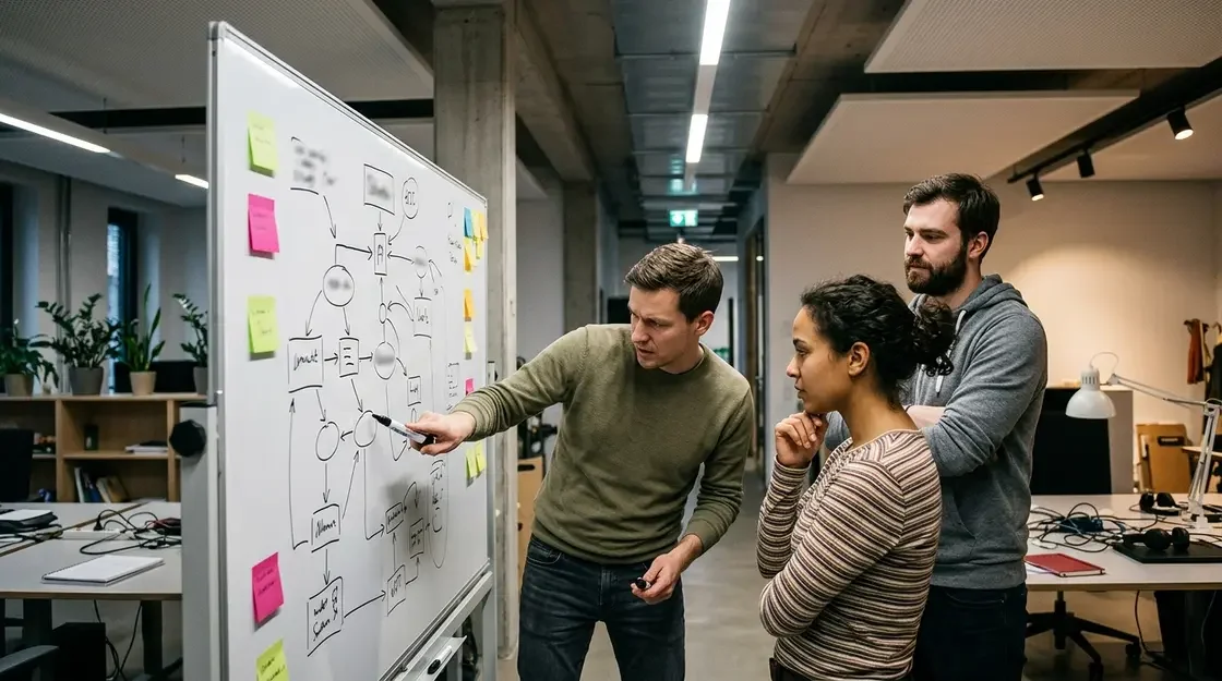 Open-Source KI-Agenten, Enterprise-Grade Framework – Entwickler diskutieren Open-Source KI-Agenten Stack-Architektur an einem Whiteboard