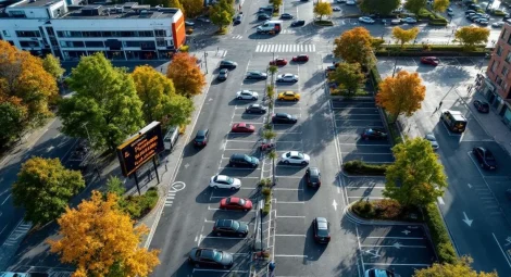 Parkraummanagement 2026: Autos suchen Parkplaetze in einer deutschen Grossstadt