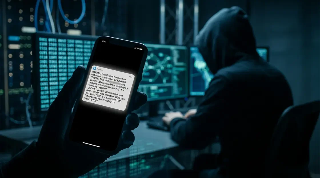 Phishing Betrug, KI Betrug – Smartphone mit gefälschter PayPal-SMS als Beispiel für Phishing Betrug durch KI-generierte Nachrichten