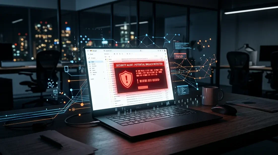 Phishing, E-Mail-Sicherheit – Phishing-Warnung im E-Mail-Postfach auf einem Laptop-Bildschirm mit Sicherheitshinweisen