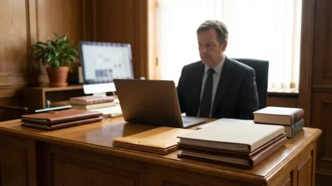 Jurist am Computer mit Gerichtsakten – Pornhub-Gerichtsurteil Deutschland