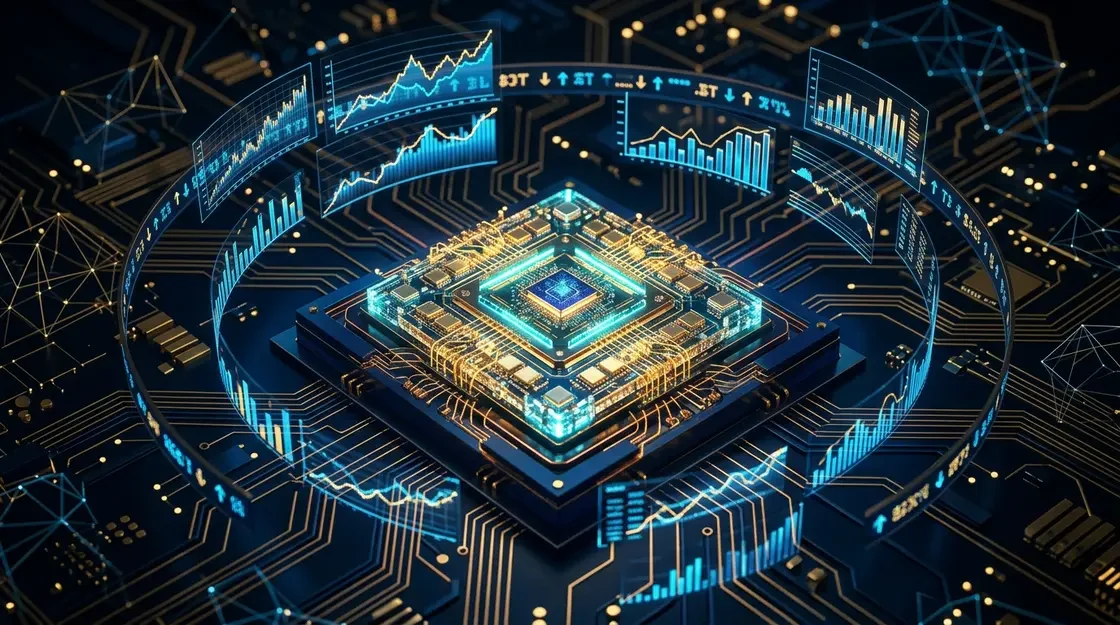 Quantencomputer FinTech, algorithmisches Trading – Quantencomputer FinTech – Quantenprozessor mit Finanzdaten und algorithmischem Trading