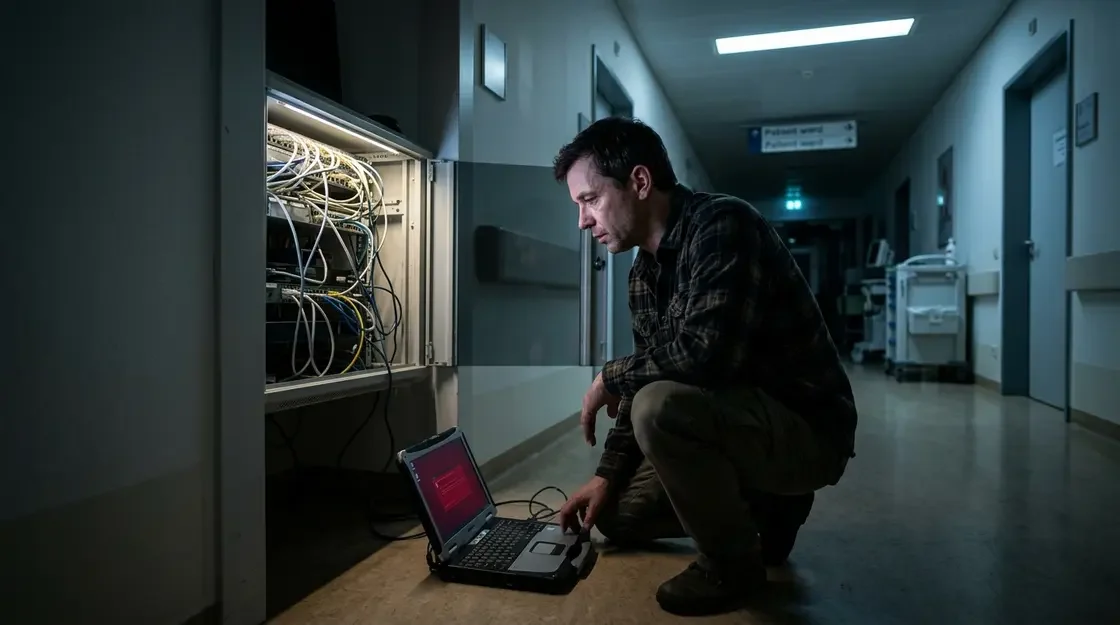 Ransomware, Gesundheitssektor – IT-Administrator vor Serverrack in Krankenhausflur nach Ransomware-Angriff