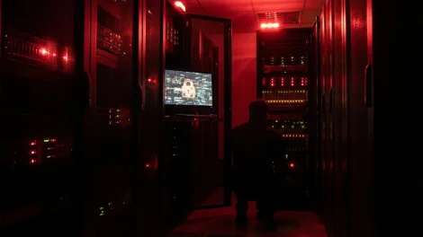 Ransomware-Angriff auf Unternehmenssysteme – Server mit roten Warnlichtern