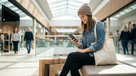 Junge Frau nutzt Buy Now Pay Later Ratenkauf beim Online-Shopping