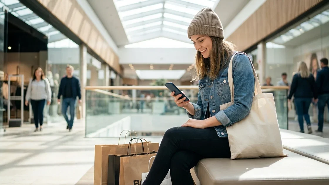 Junge Frau nutzt Buy Now Pay Later Ratenkauf beim Online-Shopping