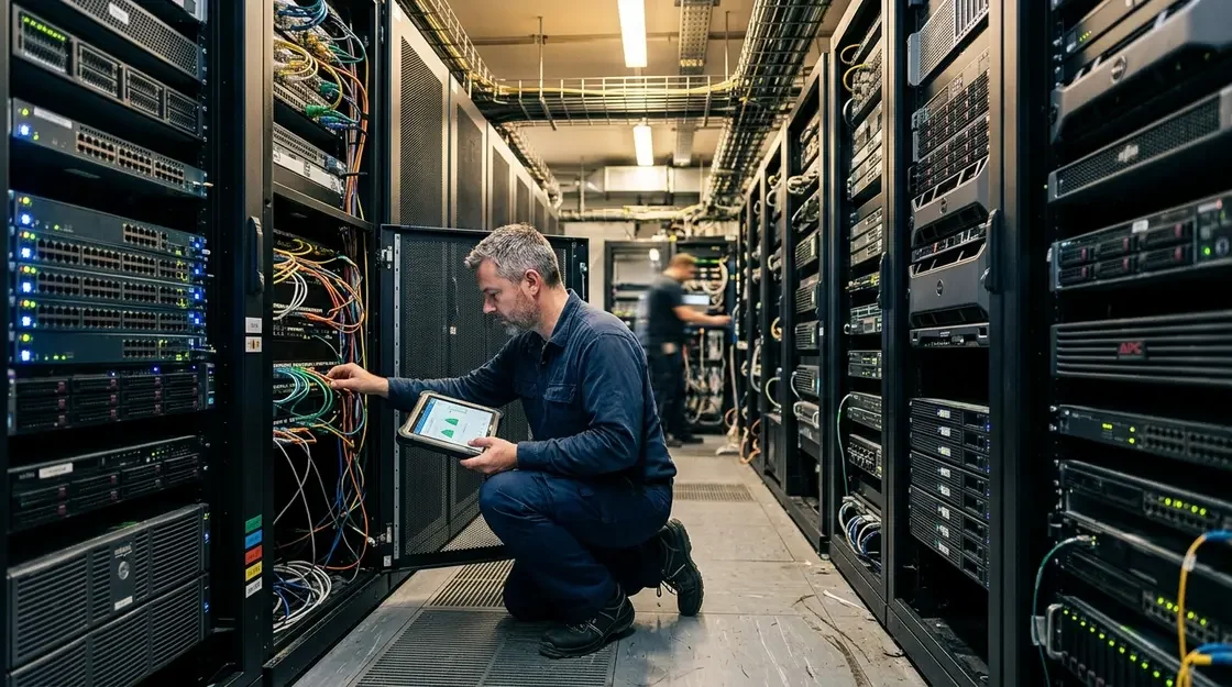 Red Hat, Hybrid Cloud – IT-Administrator prüft Hybrid Cloud Infrastruktur im Serverraum
