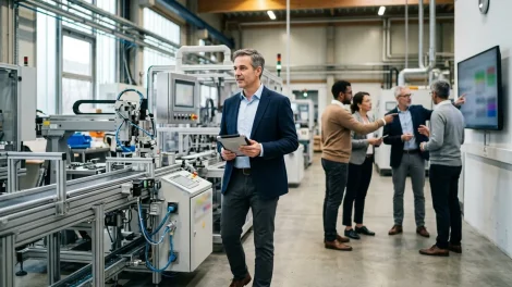 Mittelstand-Mitarbeiter in Industrieumgebung mit KI-gestützter Software