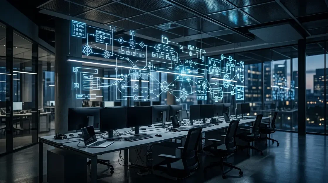 Agentforce, Backoffice – Agentforce Operations visualisiert als digitale Workflow-Netzwerke im Backoffice