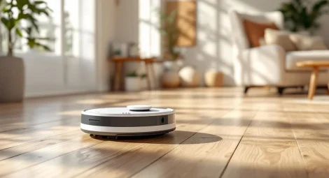 Saugroboter mit KI auf Holzboden in modernem Wohnzimmer