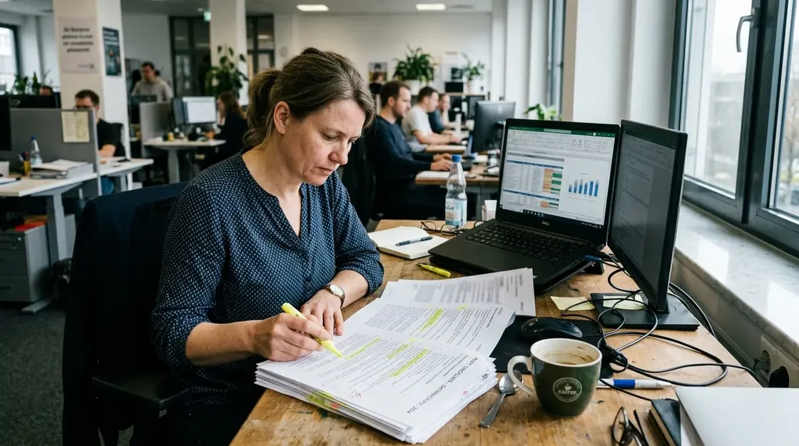 Shadow-KI, AI-Act-Compliance – IT-Fachkraft prüft Shadow-KI-Audit-Unterlagen am Schreibtisch für AI-Act-Compliance