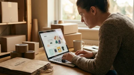 Händlerin richtet Shopify E-Commerce Shop am Laptop ein
