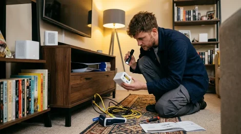 Smart Router, KI-Mesh – Smart Router Mesh-Knoten werden in einem Wohnzimmer installiert und verkabelt